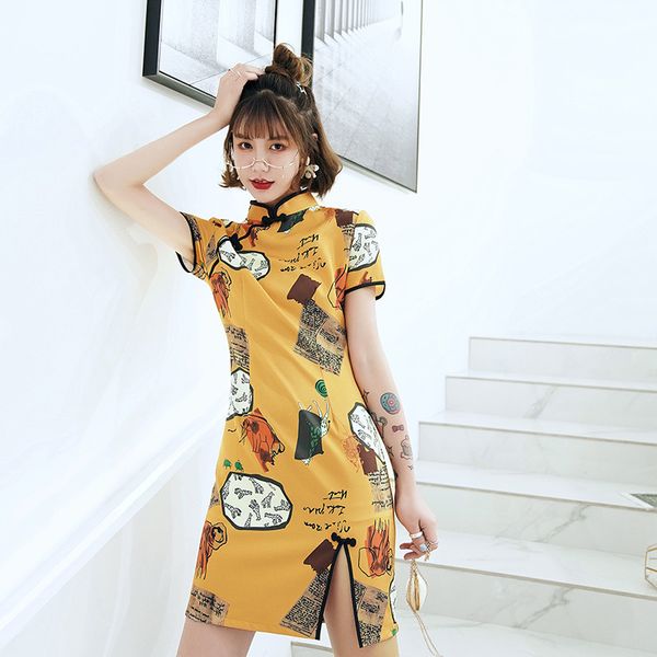 print elegant women cheongsam split yellow novelty short sleeve satin qipao vestidos prom party gown mandarin collar dress, Red
print elegant women cheongsam split yellow novelty short sleeve satin qipao vestidos prom party gown mandarin collar dress, Red