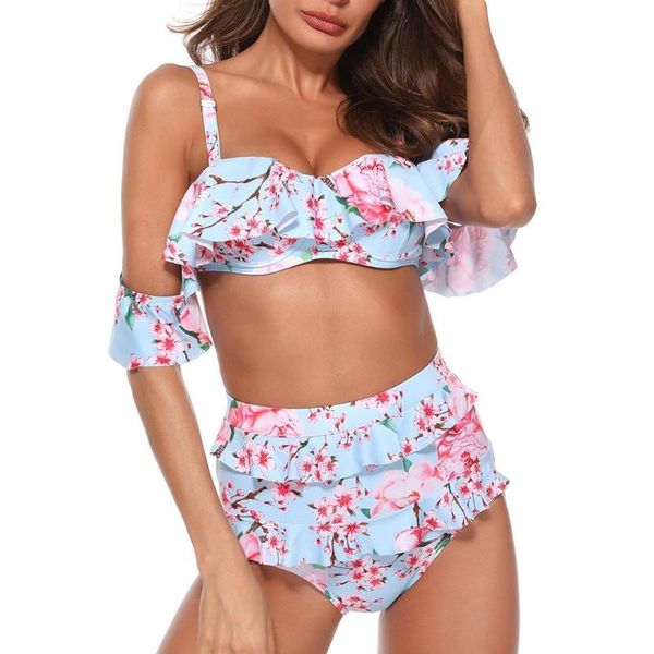 women high waist bikini set floral print padded beach split swimsuit, White;black
women high waist bikini set floral print padded beach split swimsuit, White;black