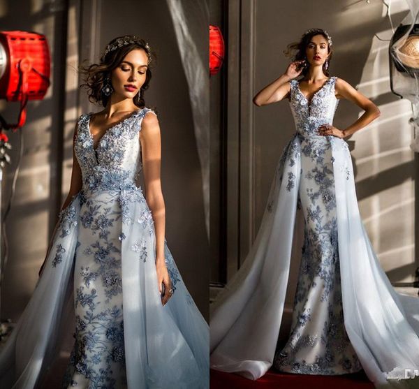 2019 fashion v neck mermaid prom dresses with detachable train beaded plunging neck 3d applique evening gowns formal party dress, Black
2019 fashion v neck mermaid prom dresses with detachable train beaded plunging neck 3d applique evening gowns formal party dress, Black