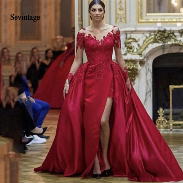 runway dresses sevintage long sleeves lace appliques celebrity with detachable train evening party dress side split formal prom gowns, Black
runway dresses sevintage long sleeves lace appliques celebrity with detachable train evening party dress side split formal prom gowns, Black