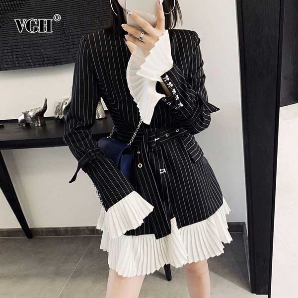 women's suits & blazers vgh elegant patchwork pleated blazer female notched collar flare sleeve with sashes striped hit color women 202, White;black
women's suits & blazers vgh elegant patchwork pleated blazer female notched collar flare sleeve with sashes striped hit color women 202, White;black