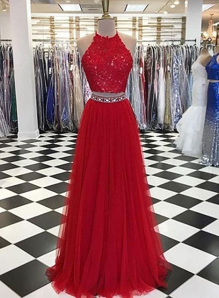 2 pieces homecoming prom dresses halter red lace tulle beaded waist dresses evening wear formal long cocktail party floor length dress, Black
2 pieces homecoming prom dresses halter red lace tulle beaded waist dresses evening wear formal long cocktail party floor length dress, Black