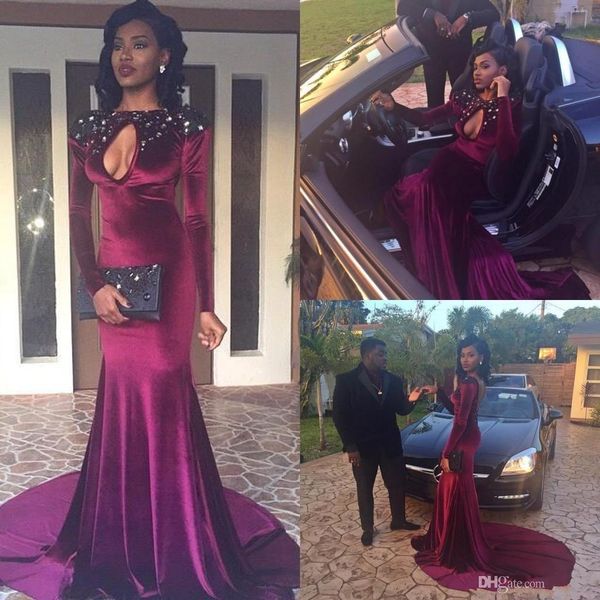2019 burgundy velvet evening dresses jewel beaded keyhole long sleeves column custom made long prom celebrity gowns with sweep train 98, Black
2019 burgundy velvet evening dresses jewel beaded keyhole long sleeves column custom made long prom celebrity gowns with sweep train 98, Black