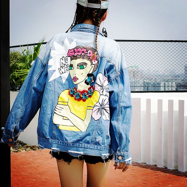 new autumn winter beaded sequins hole loose casual denim jacket women cartoon print jacket streetwear fashion coat women sl009, Black;brown
new autumn winter beaded sequins hole loose casual denim jacket women cartoon print jacket streetwear fashion coat women sl009, Black;brown
