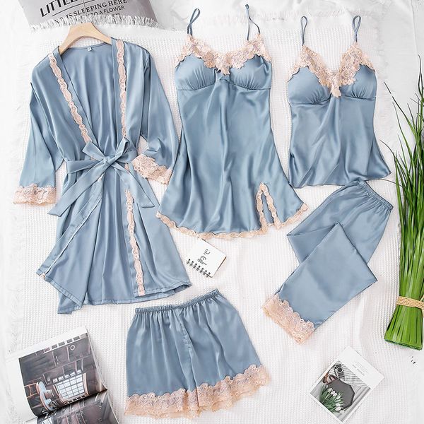 5 pcs lace lace women pajama set icel silk soft with chest pad nightdress with belt cadrigan fashion sleepwear set, Blue;gray
5 pcs lace lace women pajama set icel silk soft with chest pad nightdress with belt cadrigan fashion sleepwear set, Blue;gray