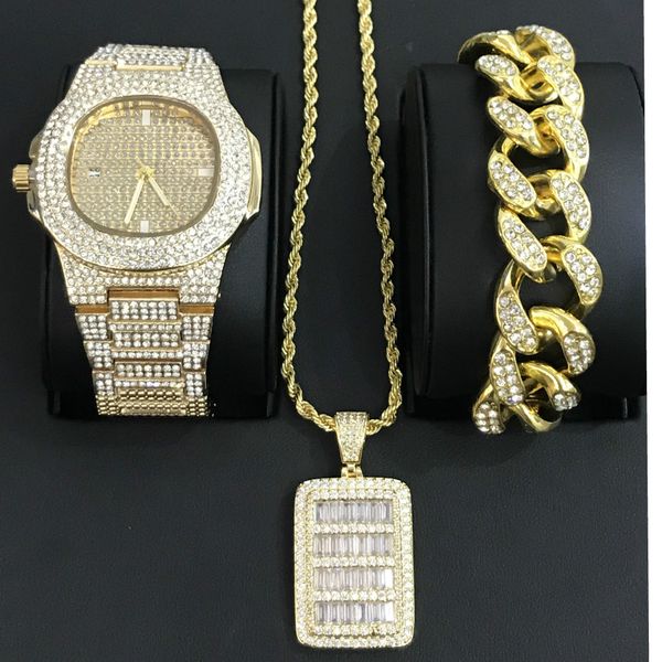 luxury hip hop diamond watch men jewelry stylish watch & bracelet & necklace &combo set shining pendant ice out cuban bracelet, Slivery;brown
luxury hip hop diamond watch men jewelry stylish watch & bracelet & necklace &combo set shining pendant ice out cuban bracelet, Slivery;brown