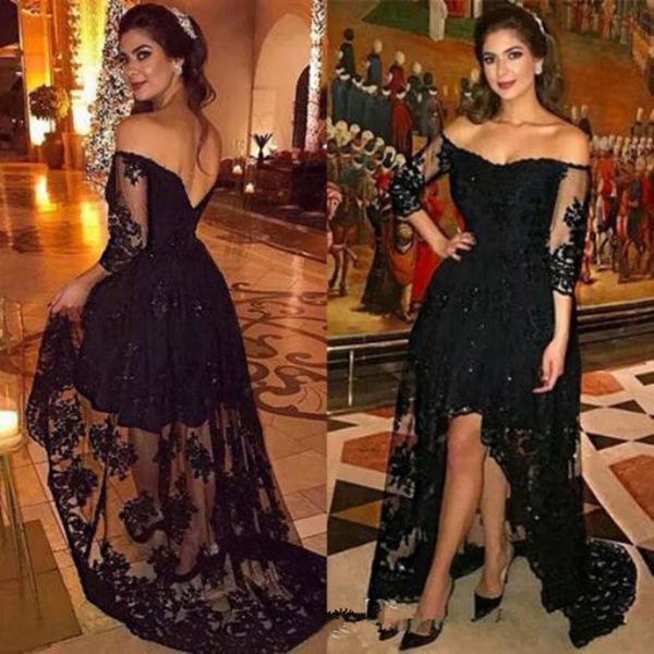 new off the shoulder black evening dresses with sleeves high front low back lace appliques arabic evening gowns open back custom made, Black;red
new off the shoulder black evening dresses with sleeves high front low back lace appliques arabic evening gowns open back custom made, Black;red