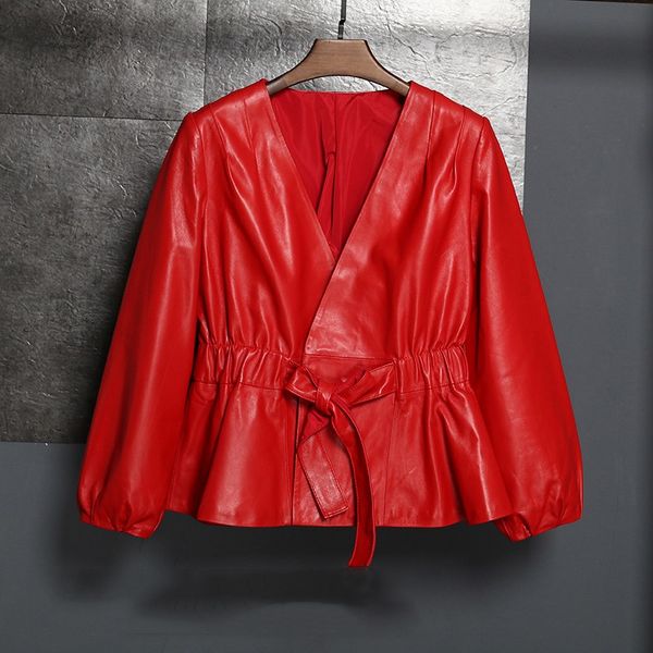 european style 2019 autumn new fashion leather trumpet sleeves shorts suit women's sheepskin leather slin jacket deep v neck, Black
european style 2019 autumn new fashion leather trumpet sleeves shorts suit women's sheepskin leather slin jacket deep v neck, Black