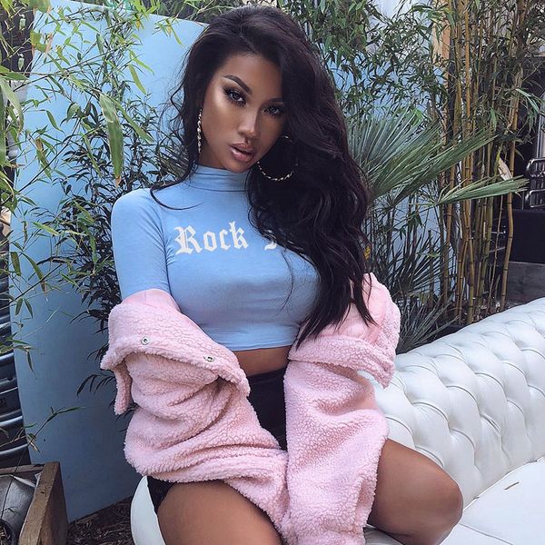 turtleneck crop letter print tee shirt femme blue and red skinny fashion streetwear cotton elastic women t-shirt, White 
turtleneck crop letter print tee shirt femme blue and red skinny fashion streetwear cotton elastic women t-shirt, White