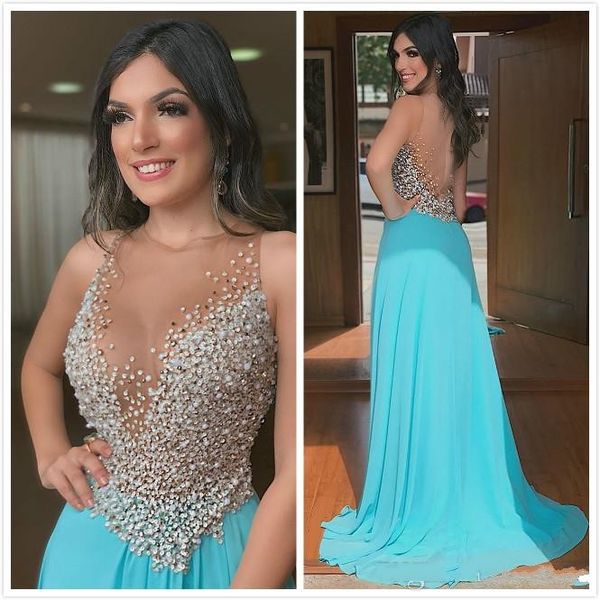 2020 luxury a line prom dresses sheer neck crystal beaded sleeveless chiffon high split open back plus size party gowns evening dress, Black
2020 luxury a line prom dresses sheer neck crystal beaded sleeveless chiffon high split open back plus size party gowns evening dress, Black