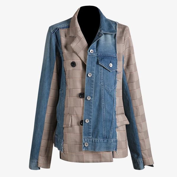 women irregular plaid patchwork denim jacket asymmetrical contrast stitching single-breasted jeans denim jacket, Black;brown
women irregular plaid patchwork denim jacket asymmetrical contrast stitching single-breasted jeans denim jacket, Black;brown