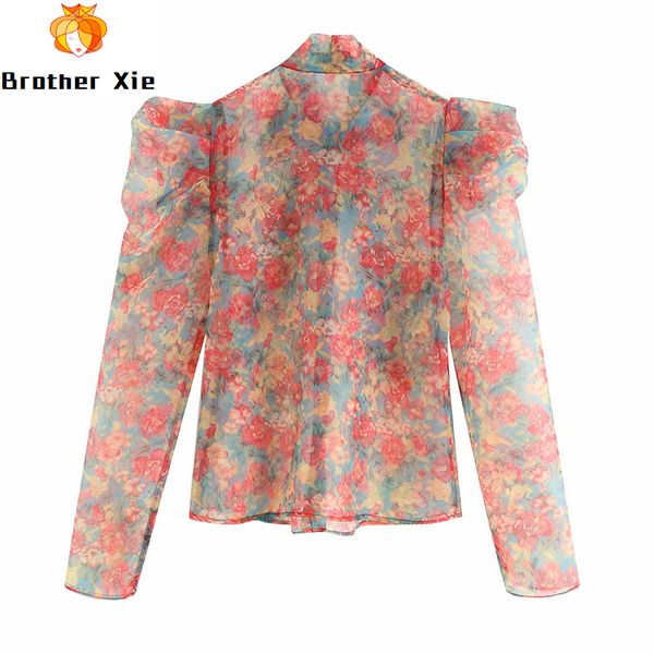 chic floral print transparent blouse women bow tie puff long sleeve fashion shirt see through women shirt autumn summer, White
chic floral print transparent blouse women bow tie puff long sleeve fashion shirt see through women shirt autumn summer, White