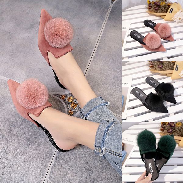 women's shoes women fashion solid color hair ball pointed toe flat heel sandals slipper outdoor charm pantufa slipper shoes, Black
women's shoes women fashion solid color hair ball pointed toe flat heel sandals slipper outdoor charm pantufa slipper shoes, Black