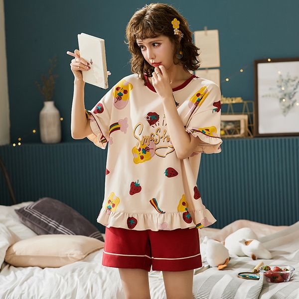 summer women pajamas suit cute casual 2 pcs shirt&shorts cotton home clothes lady pajamas suit casual 2pcs sleepwear -xxl, Black;red
