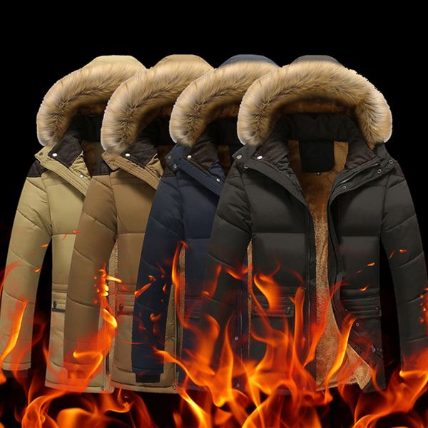 mens winter warm slim coat faux fur collar hooded jacket overcoat outwear, Black
