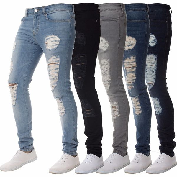 

2019 europe and the united states new men's explosion models tight low waist thin section solid color wear broken denim pants, Blue