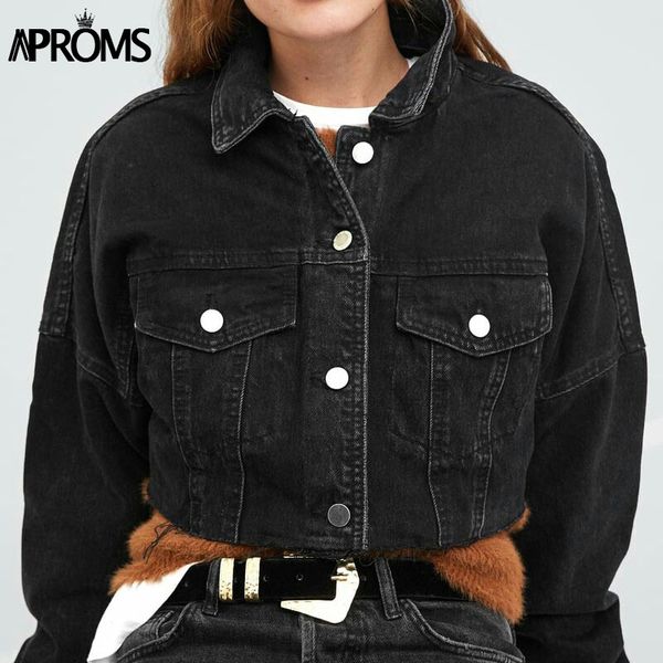 aproms women black denim cropped jacket women casual frayed buttons pockets coat female autumn winter streetwear short jackets, Black;brown
aproms women black denim cropped jacket women casual frayed buttons pockets coat female autumn winter streetwear short jackets, Black;brown