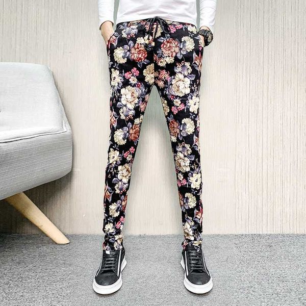 casual dress pant 2020 fashion joggers men trend flower man leisure time pants male self-cultivation bound feet pants trousers, Black