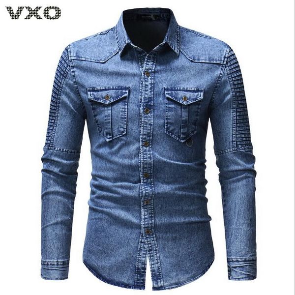 vxo 2019 denim shirt men casual long sleeve fit slim personality pocket black blue hombre blouse pleated stitching denim shirts, White;black
vxo 2019 denim shirt men casual long sleeve fit slim personality pocket black blue hombre blouse pleated stitching denim shirts, White;black