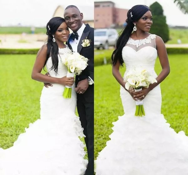 2019 african nigeria mermaid wedding dress tiers ruffles and appliques sheer neck vestido de novia ruffled wedding bridal gown, White
2019 african nigeria mermaid wedding dress tiers ruffles and appliques sheer neck vestido de novia ruffled wedding bridal gown, White