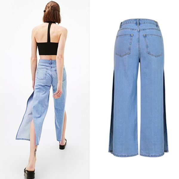 split high waist jeans woman ankle-length loose wide leg pants vintage denim casual pants, Blue
split high waist jeans woman ankle-length loose wide leg pants vintage denim casual pants, Blue