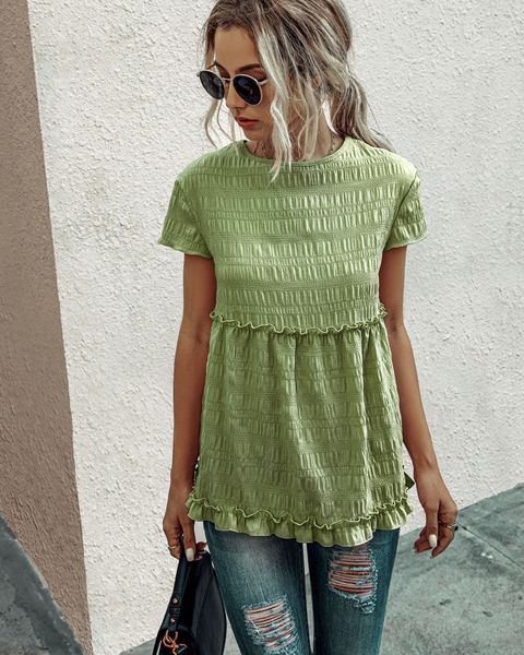 new summer women fashion short sleeve round neck ruffles pleated blouse solid blease casual, White
new summer women fashion short sleeve round neck ruffles pleated blouse solid blease casual, White