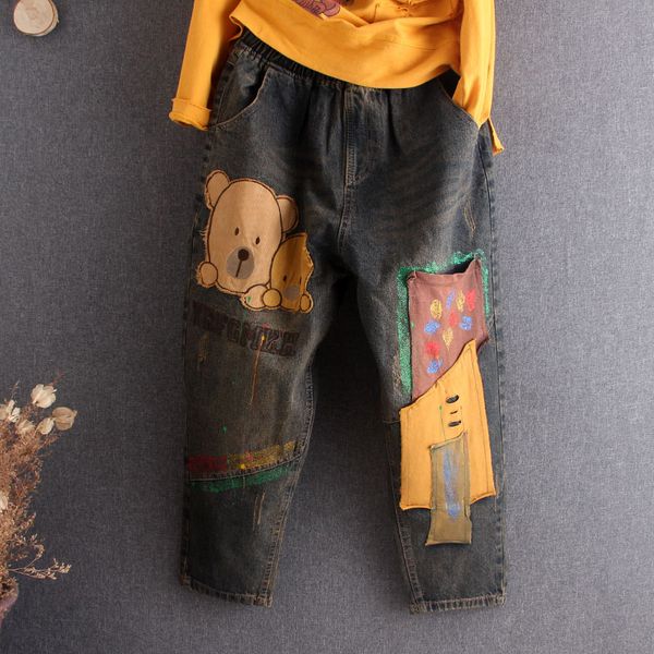 2020 women vintage cartoon embroidered jeans ripped cotton denim harem pants casual ladies lace up elastic waist trousers blue
2020 women vintage cartoon embroidered jeans ripped cotton denim harem pants casual ladies lace up elastic waist trousers blue