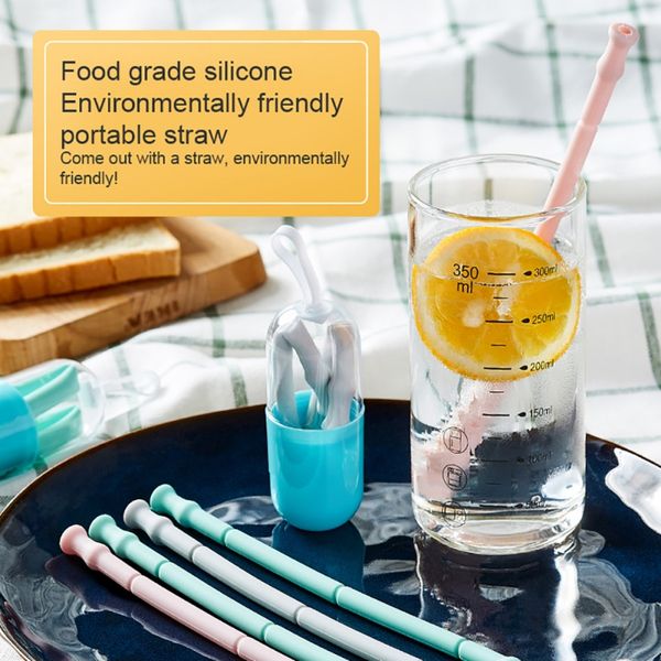 

portable travel reusable collapsible silicone drinking straws with cleaning brush and carrying case outdoor bar drinking tool
