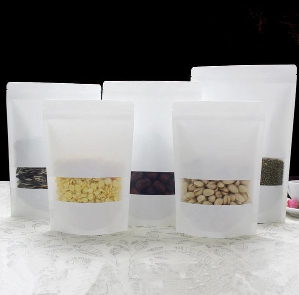 

thicken stand up white kraft paper ziplock bags for coffee nuts snack tea packaging storage pouches with frosted window