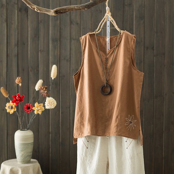 cotton linen sleeveless shirt embroidery flower vintage tank white brown yellow vest v neck button
cotton linen sleeveless shirt embroidery flower vintage tank white brown yellow vest v neck button
