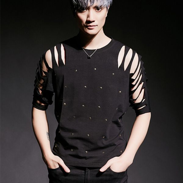 men nightclub singer punk hiphop t shirt ripped hole rivet stage costume mens hip hop hollow out tee shirts streetwear, White;black
men nightclub singer punk hiphop t shirt ripped hole rivet stage costume mens hip hop hollow out tee shirts streetwear, White;black