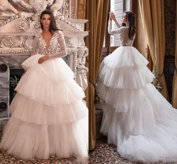 luxury layer tulle princess wedding dress with long sleeves vintage long sleeves lace appliqued see through beach bohemian bridal gown, White
luxury layer tulle princess wedding dress with long sleeves vintage long sleeves lace appliqued see through beach bohemian bridal gown, White