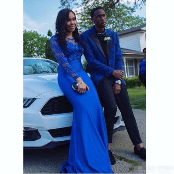 2020 royal blue mermaid prom dresses backless mermaid lace applique beaded sheer neck long sleeves south african evening party gown, Black
2020 royal blue mermaid prom dresses backless mermaid lace applique beaded sheer neck long sleeves south african evening party gown, Black