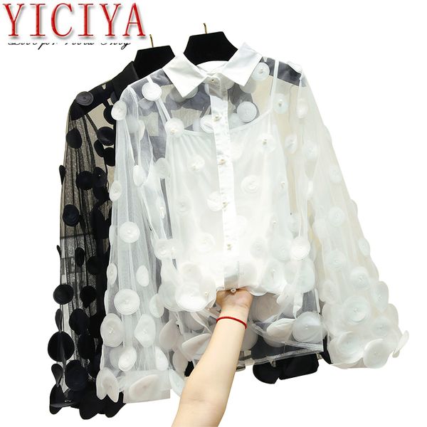 casual turn down collar mesh blouse shirt flower pearl lantern sleeve feminine blouse women summer female plus size, White
casual turn down collar mesh blouse shirt flower pearl lantern sleeve feminine blouse women summer female plus size, White