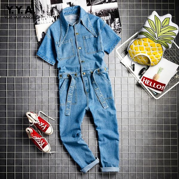 euro hip hop fashion mens denim jumpsuit vintage one piece cargo pants short sleeve jeans bib overalls casual cowboy jumpsuits, Blue