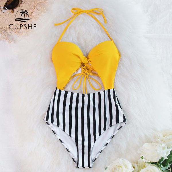 cupshe yellow and stripe lace up one-piece swimsuit cut-out halter women monokini 2020 girl beach bathing suit swimwear, White;black
cupshe yellow and stripe lace up one-piece swimsuit cut-out halter women monokini 2020 girl beach bathing suit swimwear, White;black