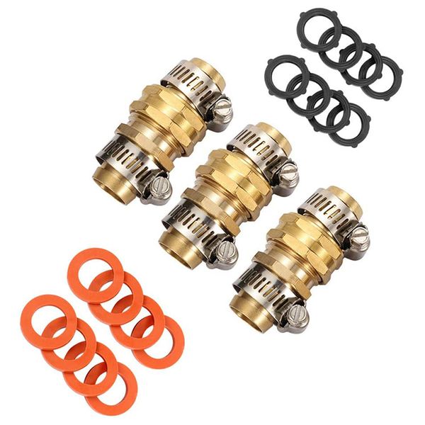 3 sets of brass garden hose repair joint female and male hose joints, with 16 washers with stainless steel clamps
3 sets of brass garden hose repair joint female and male hose joints, with 16 washers with stainless steel clamps