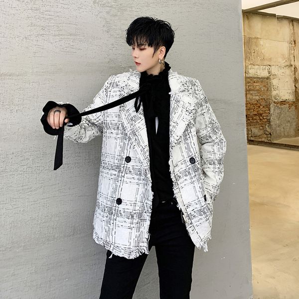 double breasted plaid blazer fashion men's suit mens blazer double breasted masculino mens fashion korean kk50xx, White;black 
double breasted plaid blazer fashion men's suit mens blazer double breasted masculino mens fashion korean kk50xx, White;black