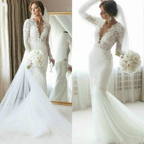 lace mermaid wedding dresses long sleeve deep v neck soft tulle skirt boho wedding bridal gowns floor length vestido de noiva, White 
lace mermaid wedding dresses long sleeve deep v neck soft tulle skirt boho wedding bridal gowns floor length vestido de noiva, White
