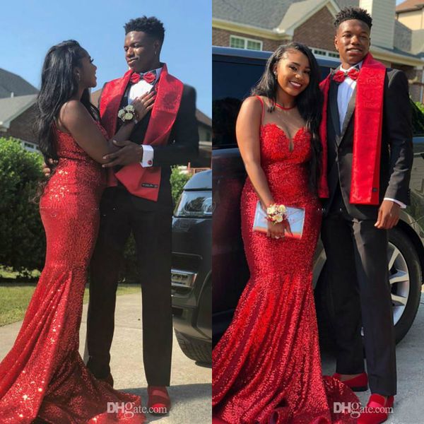 sparkly red mermaid prom dresses sheer jewel neck ruffles sweep train sequined evening gowns african plus size bridesmaid dresses, Black
sparkly red mermaid prom dresses sheer jewel neck ruffles sweep train sequined evening gowns african plus size bridesmaid dresses, Black