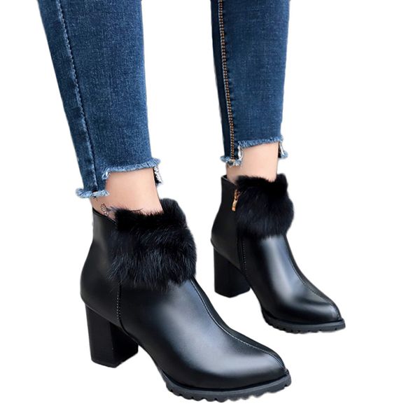 women ankle boots 2018 winter shoes plush high heel shoes leather solid color martain boots pointed toe zipper botas, Black
women ankle boots 2018 winter shoes plush high heel shoes leather solid color martain boots pointed toe zipper botas, Black