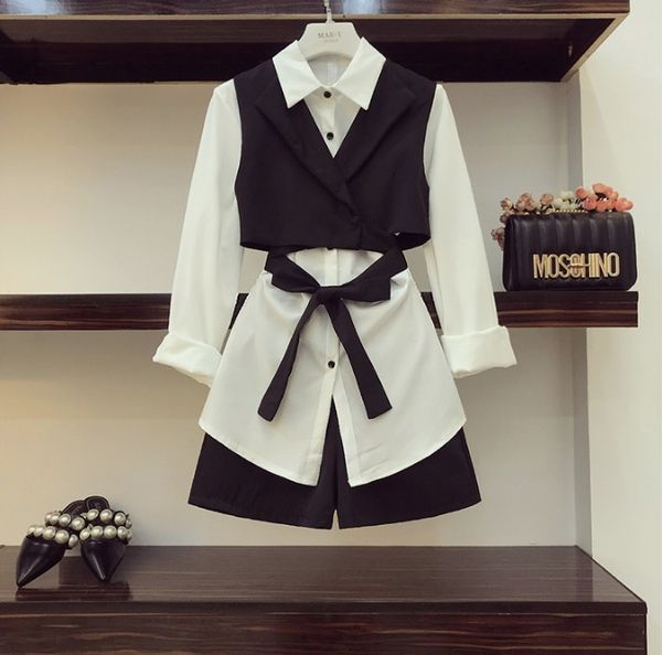 2019 spring and autumn women's long sleeve white shirt + bow tie small vest + high waist shorts 3 pieces set ladies shorts set 
2019 spring and autumn women's long sleeve white shirt + bow tie small vest + high waist shorts 3 pieces set ladies shorts set