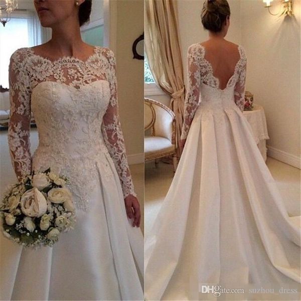 new elegant long sleeve wedding dresses a line sheer neckline backless lace and satin sweep train bridal wedding gowns, White
new elegant long sleeve wedding dresses a line sheer neckline backless lace and satin sweep train bridal wedding gowns, White