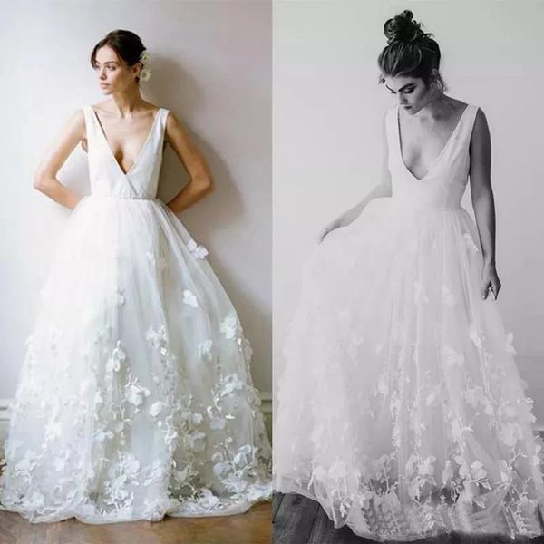 chic deep v neck wedding dress with 3d flower applique ball gown wedding dress with sweep train sleeveless plus size wedding dresses, White
chic deep v neck wedding dress with 3d flower applique ball gown wedding dress with sweep train sleeveless plus size wedding dresses, White