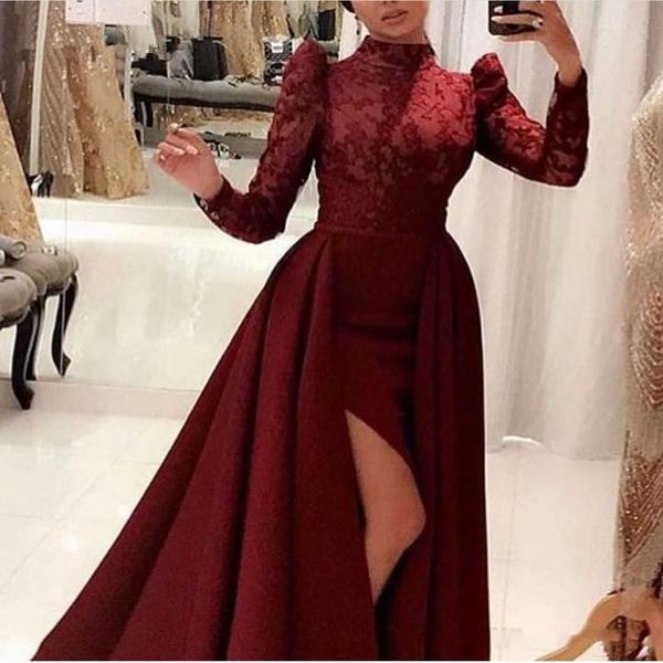 burgundy muslim evening dresses 2020 a-line high collar long sleeves slit lace dubai saudi arabic long party gowns prom dress, Black;red
burgundy muslim evening dresses 2020 a-line high collar long sleeves slit lace dubai saudi arabic long party gowns prom dress, Black;red