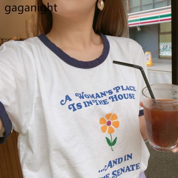 gaganight women chic o neck short sleeve tshirt fashion letter flower print lady loose tees femme summer casual t-shirts, White
