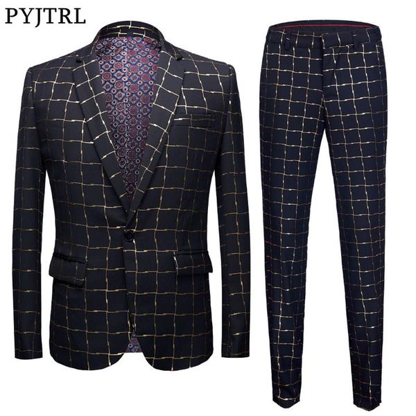 pyjtrl brand new tide male plaid gold floral pattern slim fit mens suits with pants wedding groom tuxedo singer costume, White;black 
pyjtrl brand new tide male plaid gold floral pattern slim fit mens suits with pants wedding groom tuxedo singer costume, White;black