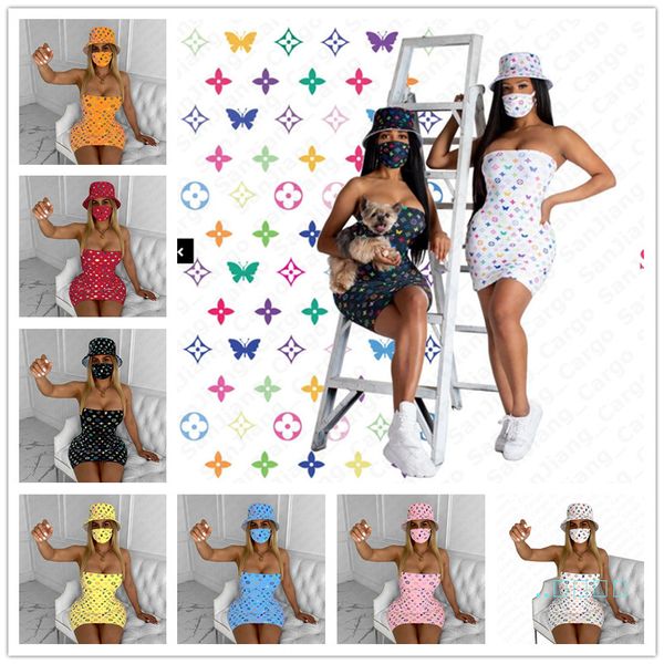 

Дизайн женщин летнее платье без бретелек Trend Tight Юбка с Bucket Hat и маски Три Piece Set Clubwear Модные партии Sexy Пляжная E5301
