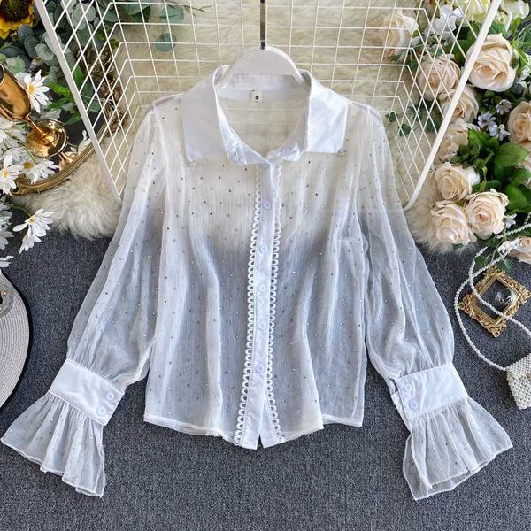women's blouses & shirts women lace slim shirt long flare sleeve turn-down collar sequiend trend 2021 see through blouse, White
women's blouses & shirts women lace slim shirt long flare sleeve turn-down collar sequiend trend 2021 see through blouse, White