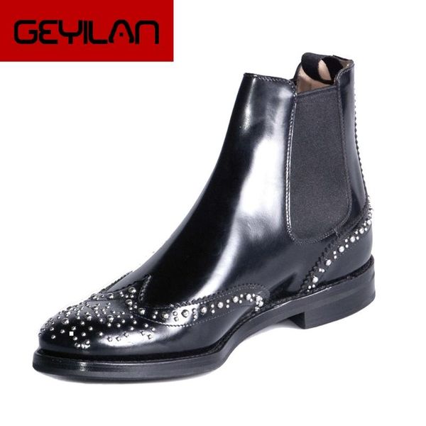 large size 45 rivets genuine leather ankle boots women shoes ins boots female shoes woman, Black